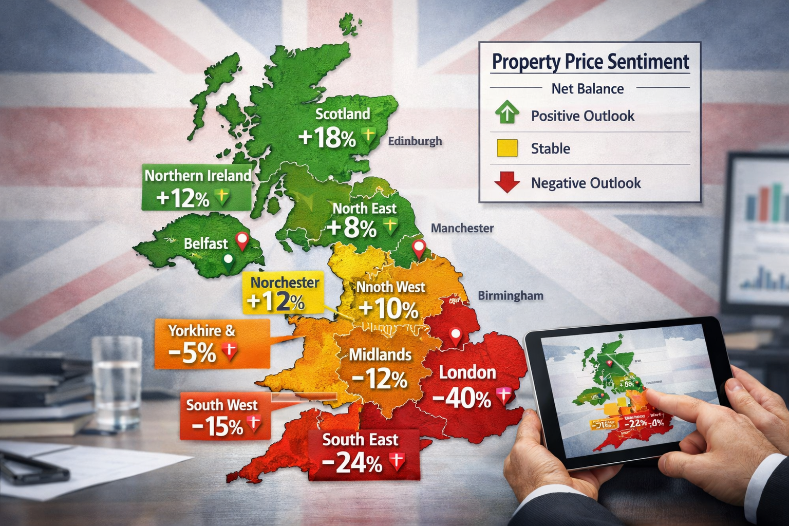 Detailed () image depicting UK regional heat map of England showing property price sentiment variations across different