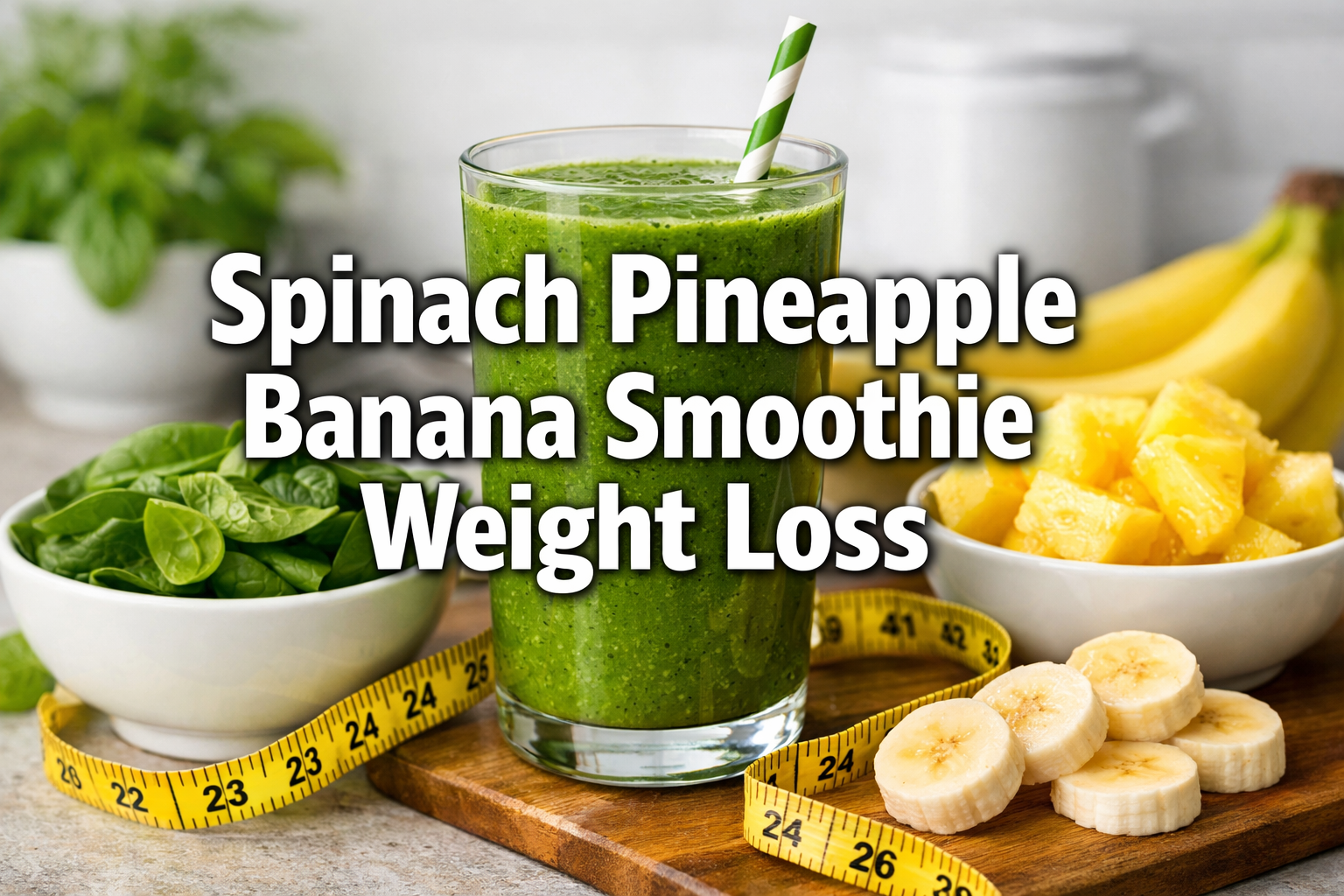 Professional landscape hero image (1536x1024) with bold text overlay 'Spinach Pineapple Banana Smoothie Weight Loss' in extra large 72pt whi