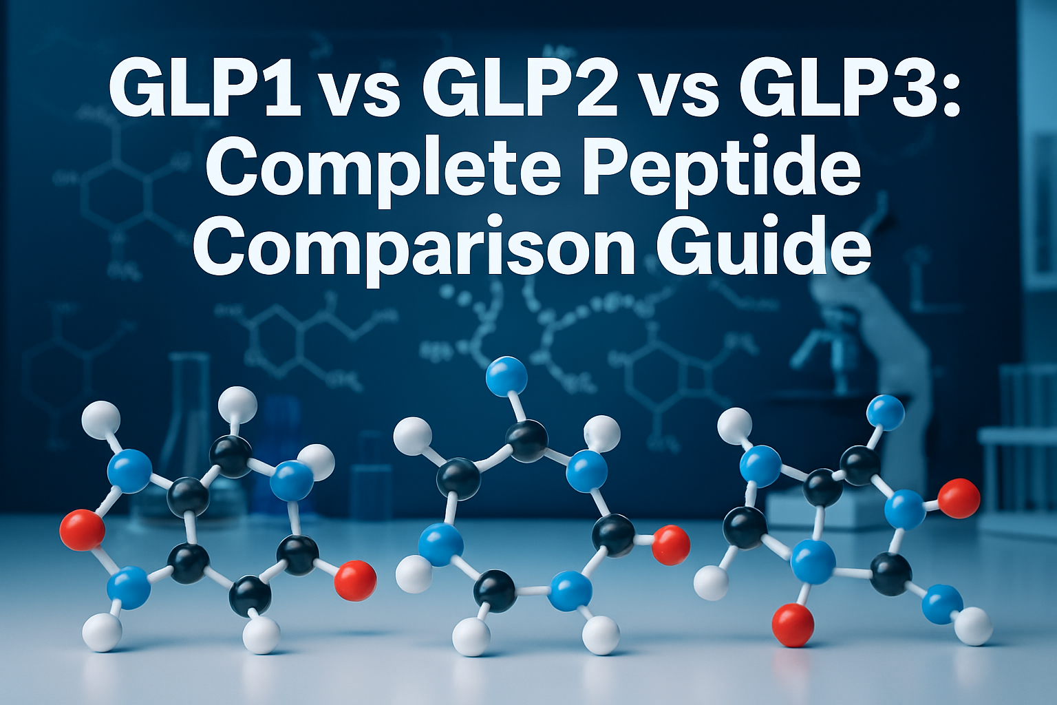 Professional landscape hero image (1536x1024) featuring bold text overlay 'GLP1 vs GLP2 vs GLP3: Complete Peptide Comparison Guide' in extra
