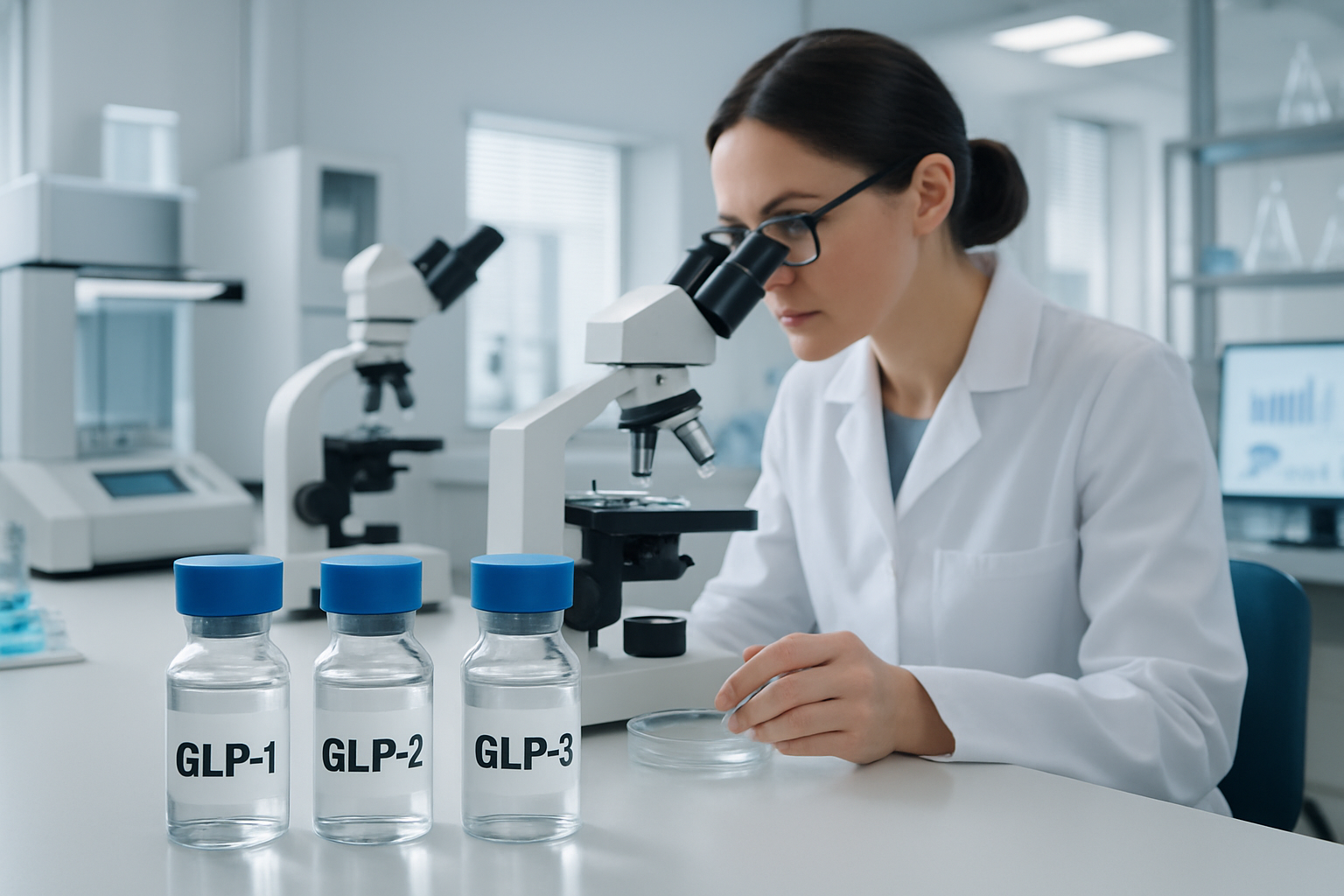 Research laboratory scene showing peptide vials labeled with GLP-1, GLP-2, and GLP-3, alongside scientific equipment including microscopes, 