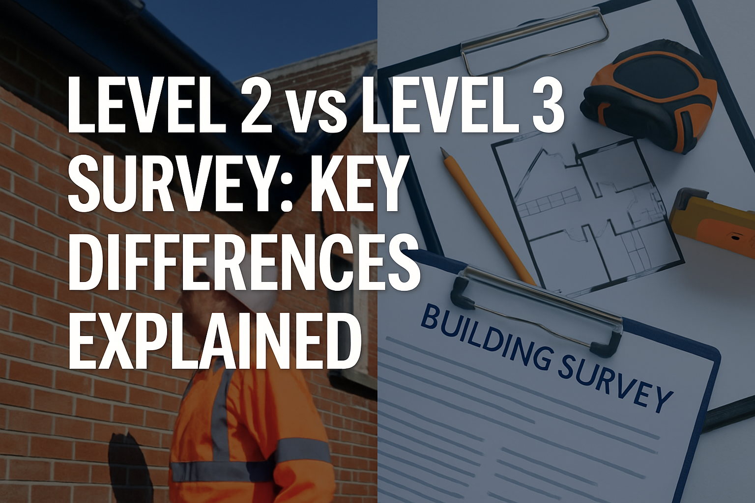 Professional landscape hero image (1536x1024) featuring bold text overlay 'Level 2 vs Level 3 Survey: Key Differences Explained' in extra la