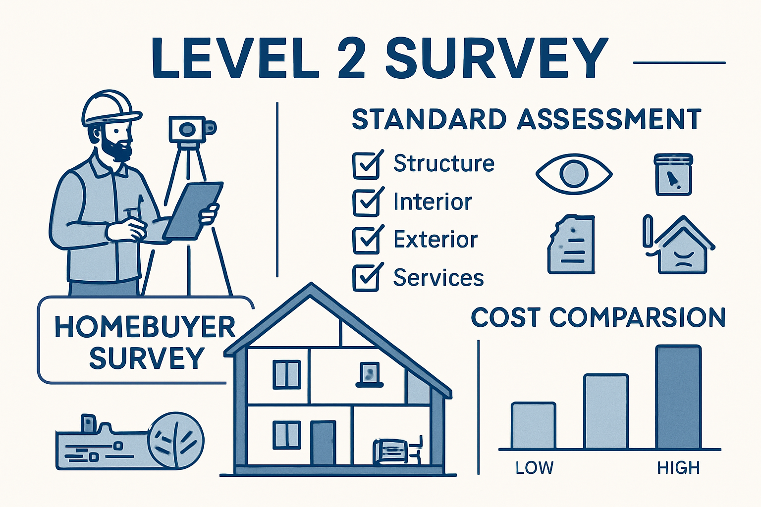 Detailed infographic showing Level 2 survey characteristics with visual elements including surveyor with basic equipment, checklist with sta