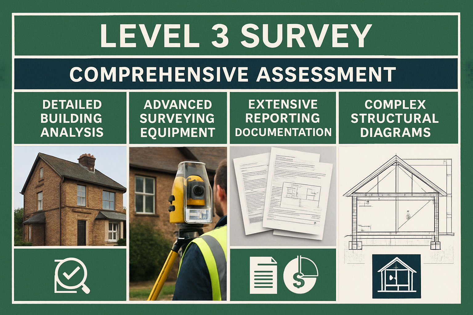 Comprehensive visual comparison chart showing Level 3 survey features with detailed building analysis imagery, advanced surveying equipment,