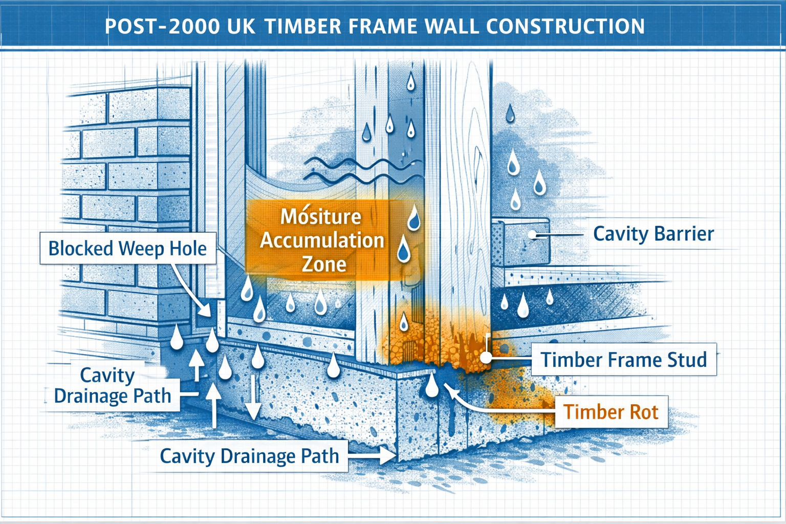 Detailed () infographic-style illustration showing a cross-section diagram of a post-2000 UK timber frame wall construction,