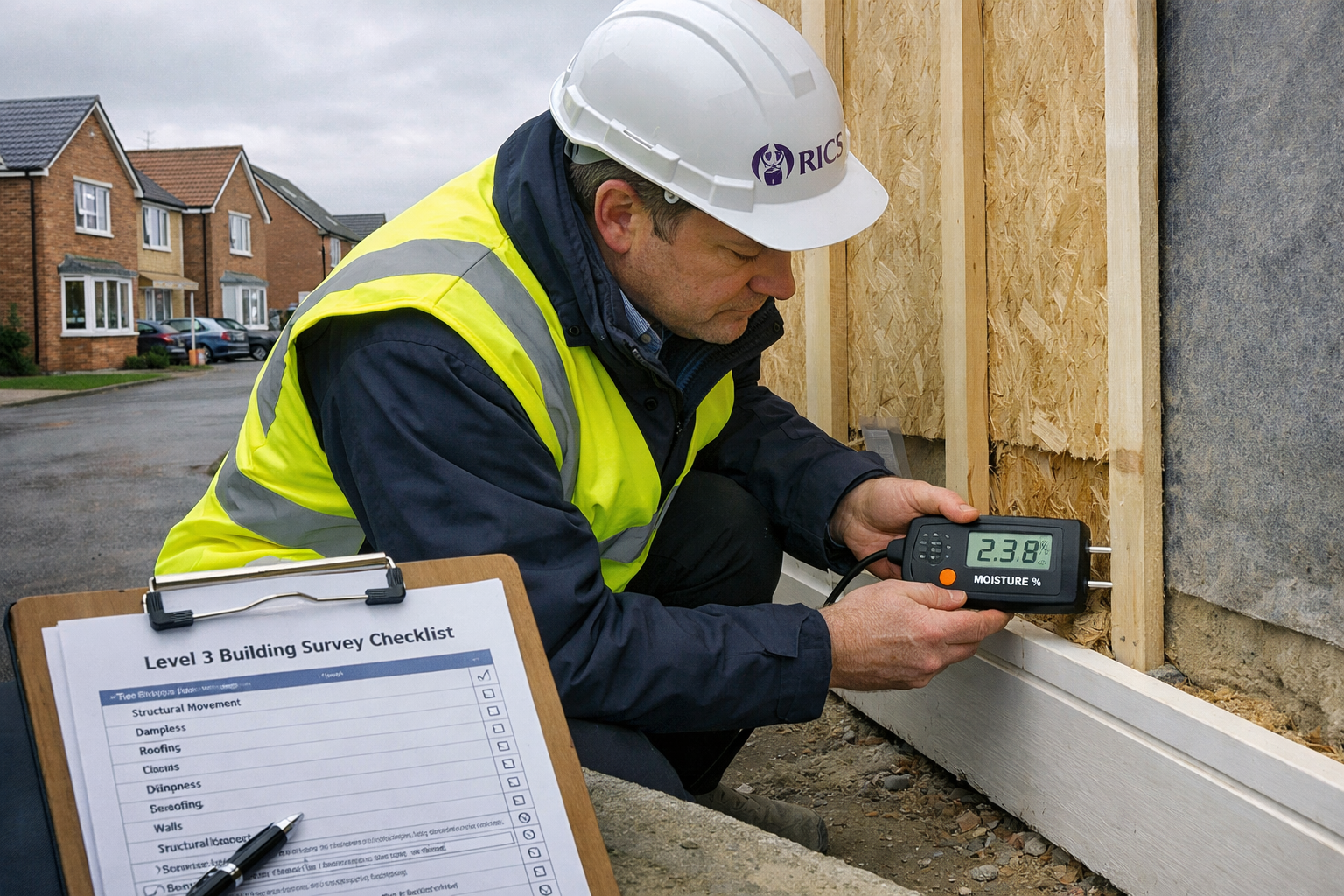 () showing a RICS chartered surveyor in high-visibility vest and hard hat using a calibrated moisture meter probe against