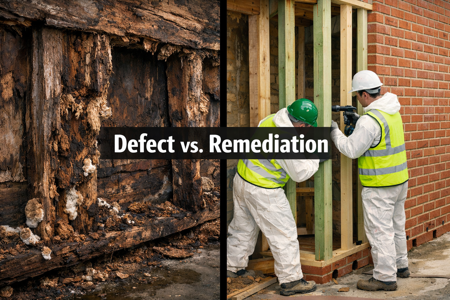 () showing a split-scene comparison: left side depicts severe wet rot damage on exposed timber frame members with dark
