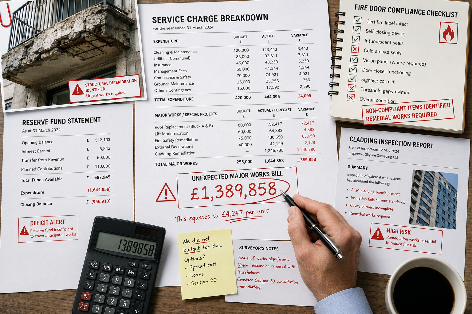 () top-down aerial-style infographic showing a service charge breakdown document spread on a desk alongside a reserve fund