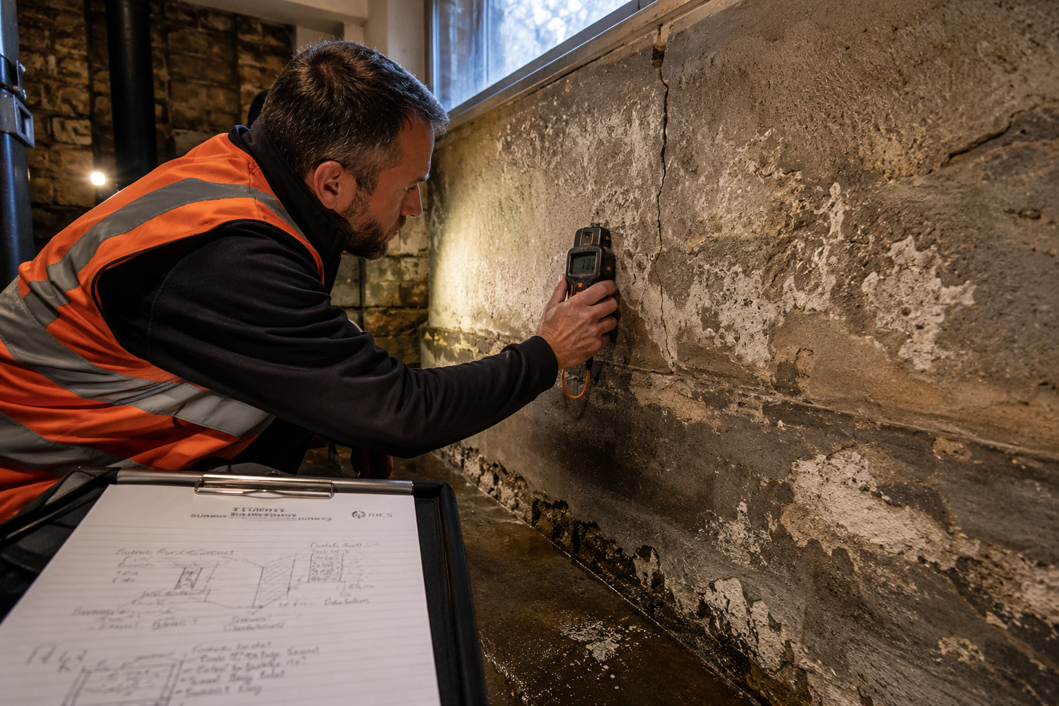 () close-up ground-level photograph of a building surveyor crouching beside a damp basement wall in a communal area of a