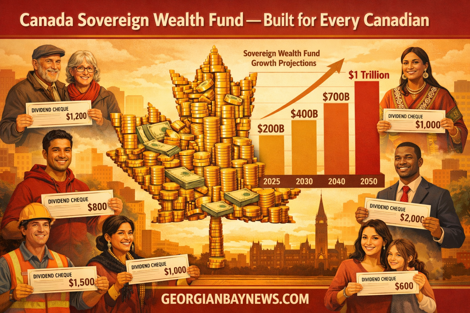 Detailed () infographic-style illustration showing a large Canadian maple leaf made of gold coins and financial assets,