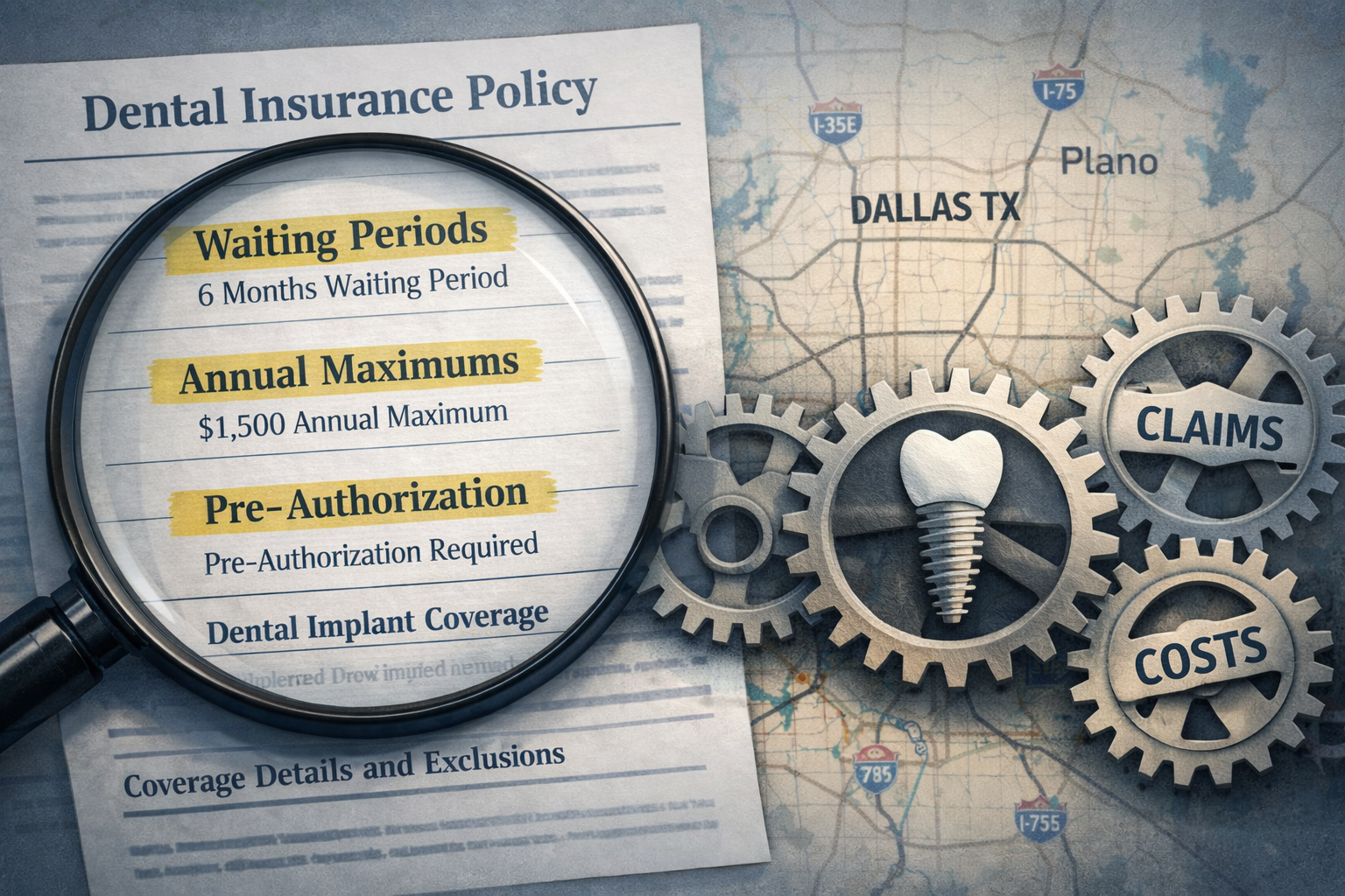 Detailed () image illustrating the complexity of dental insurance policies for implants, featuring a magnified section of a