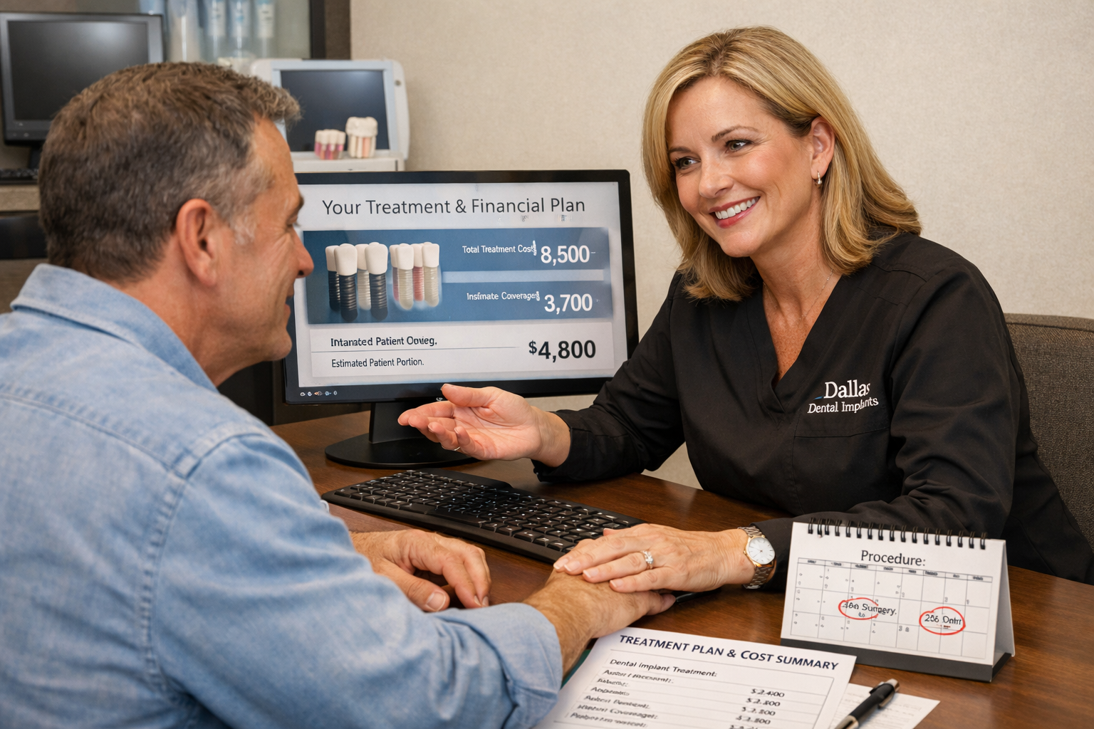 Detailed () image depicting a patient having a reassuring conversation with a knowledgeable Dallas dental professional,