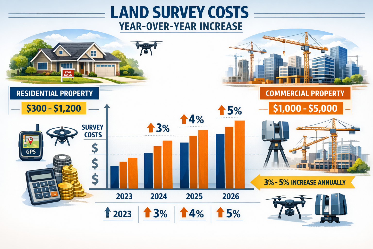 Detailed landscape format (1536x1024) infographic showing year-over-year cost comparison chart for land surveys from 2023 to 2026, with upwa