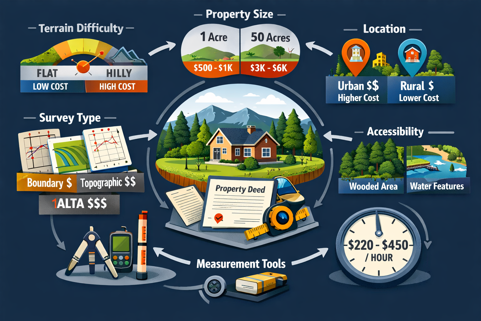 Detailed landscape format (1536x1024) illustrated diagram showing multiple cost factor icons arranged in circular flow pattern around centra