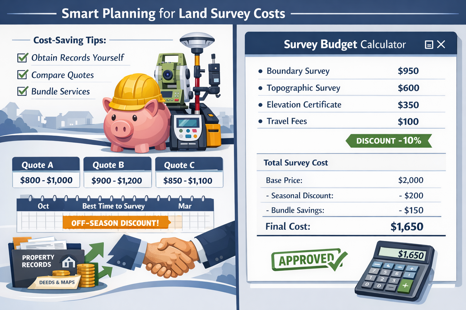 Detailed landscape format (1536x1024) strategic budgeting visual showing smart planning concept for land survey costs. Split-screen composit