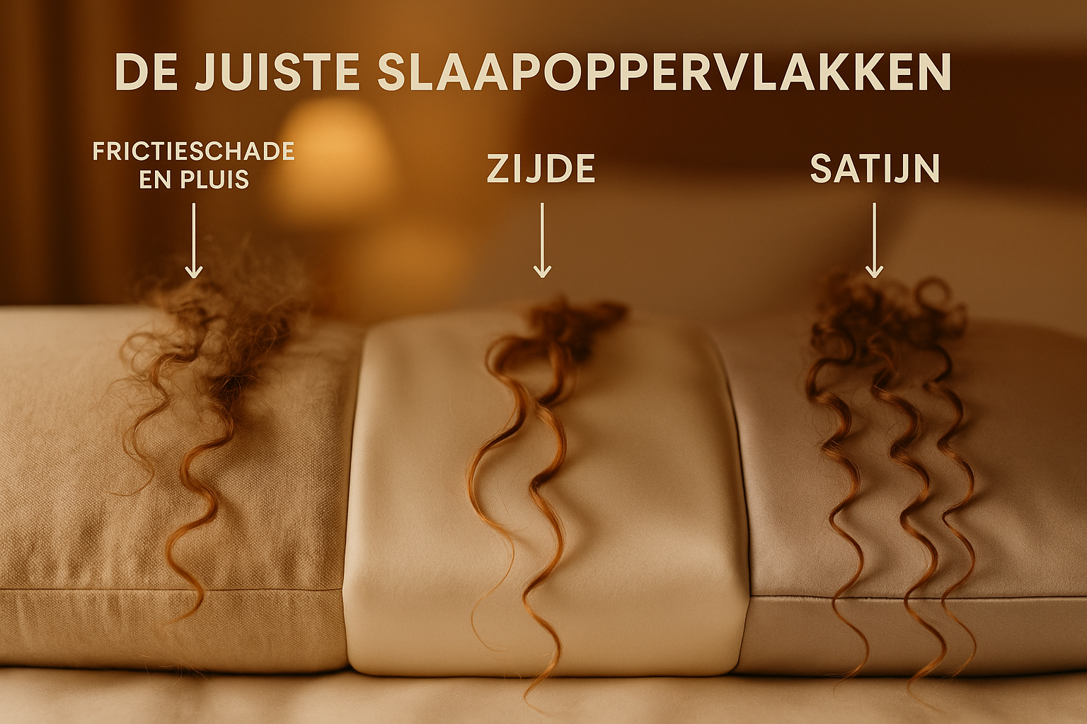 Detailed landscape image (1536x1024) showing close-up comparison of three different pillowcases side by side: cotton pillowcase on left show