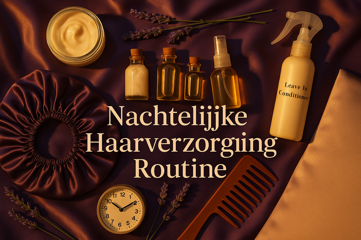 Detailed landscape image (1536x1024) showing nighttime hair care routine flatlay composition on luxurious purple satin fabric. Arranged beau