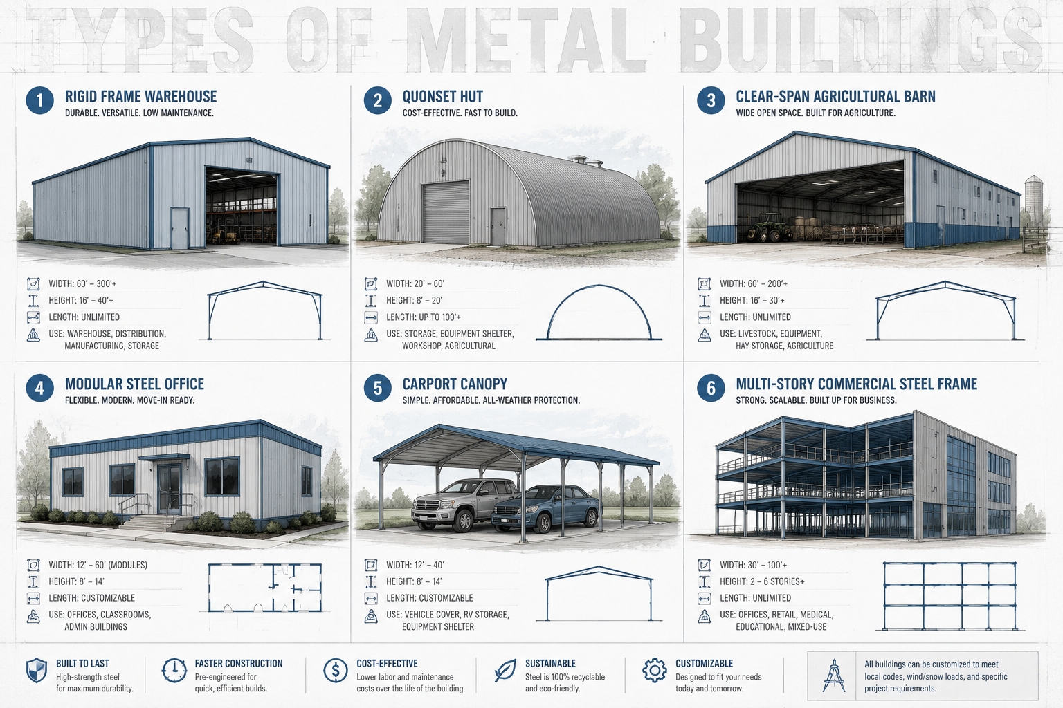 Detailed () educational infographic-style illustration showing six distinct types of metal buildings arranged in a clean