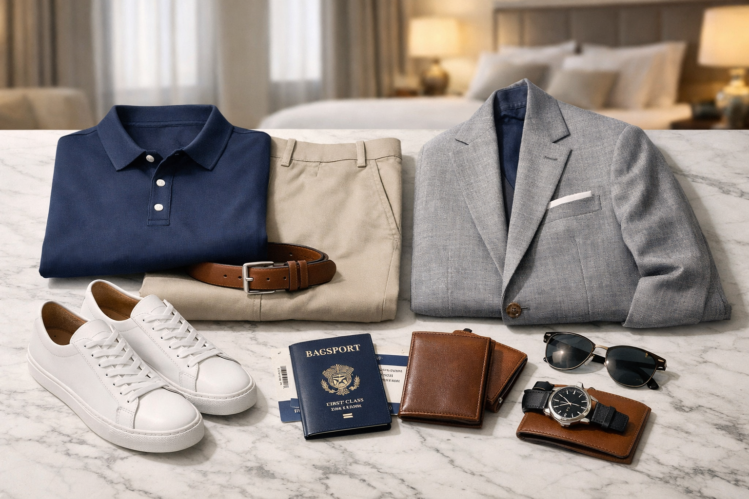 Landscape format (1536x1024) editorial image showing premium men's travel wardrobe essentials laid flat on marble surface - wrinkle-resistan