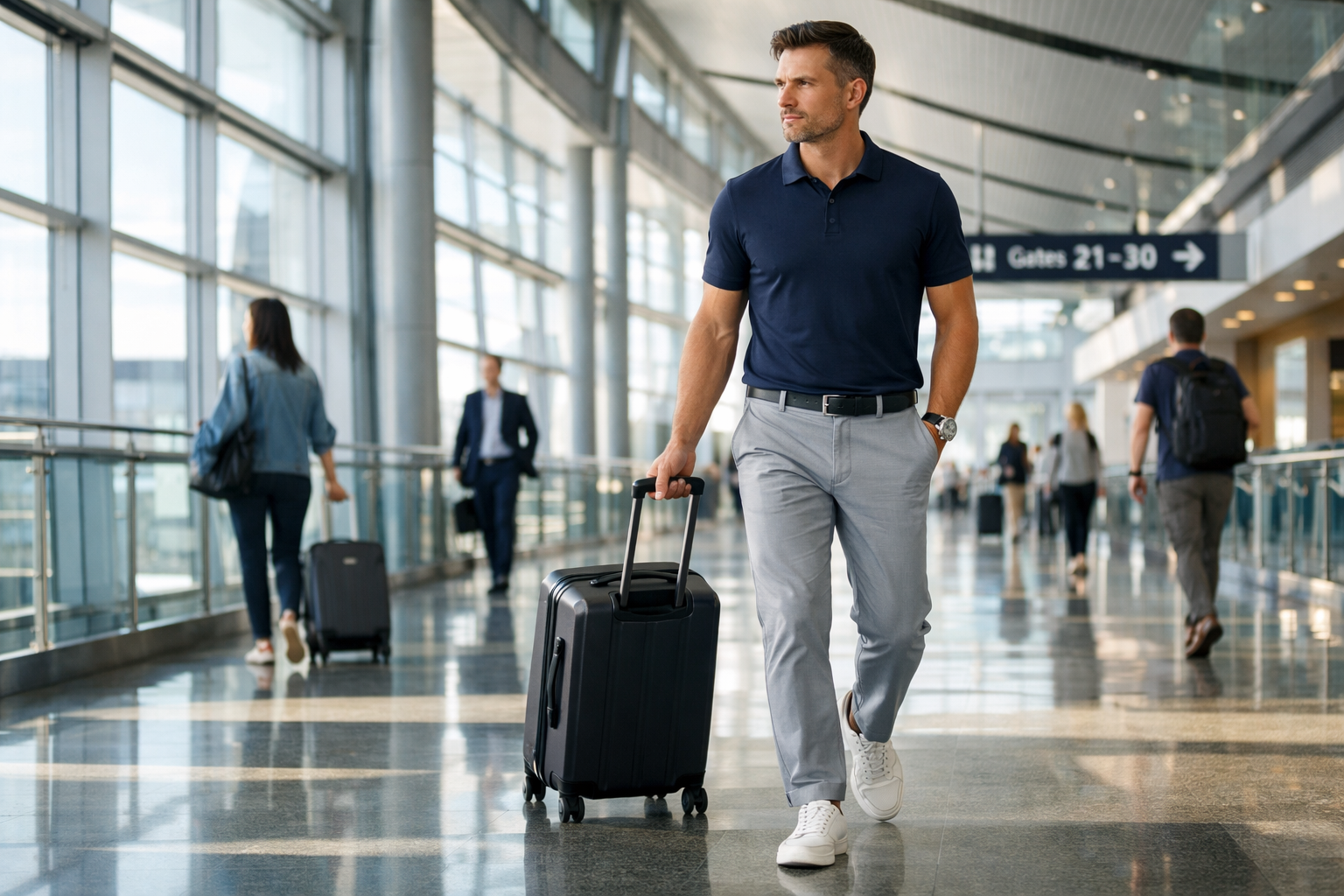 Landscape format (1536x1024) sophisticated airport scene featuring confident businessman in smart casual premium travel wear walking through