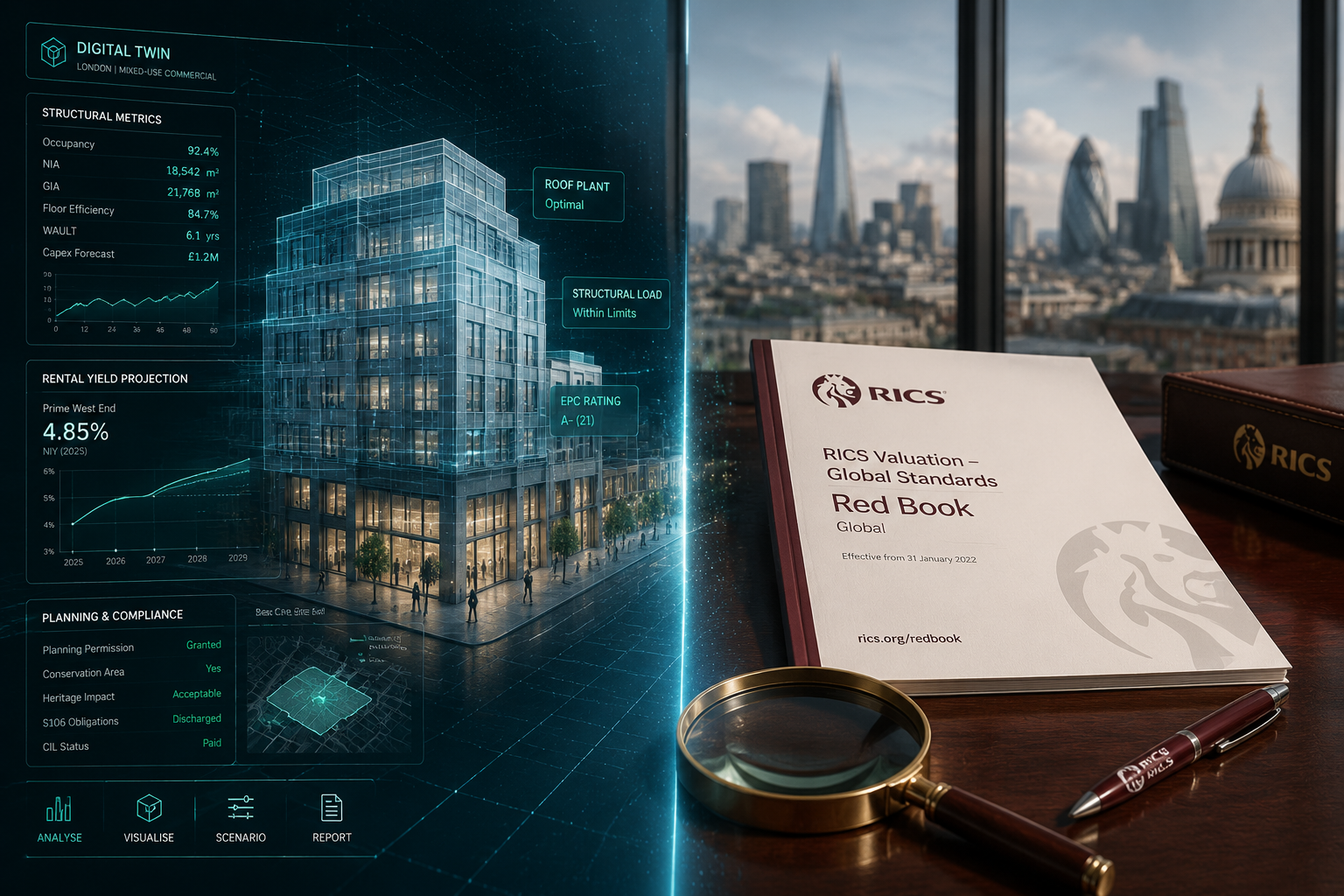 Detailed () split-composition image: on the left, a glowing digital twin 3D model of a London mixed-use commercial building