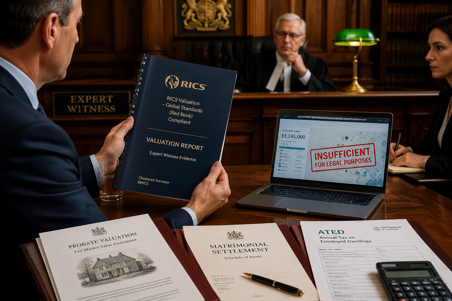 Detailed () courtroom-adjacent professional scene: a formal UK legal/financial setting showing a chartered valuer presenting