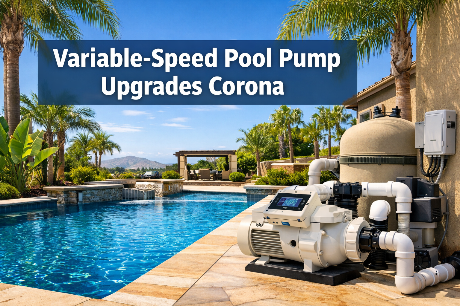 Professional () hero image featuring 'Variable-Speed Pool Pump Upgrades Corona' in extra large white with dark