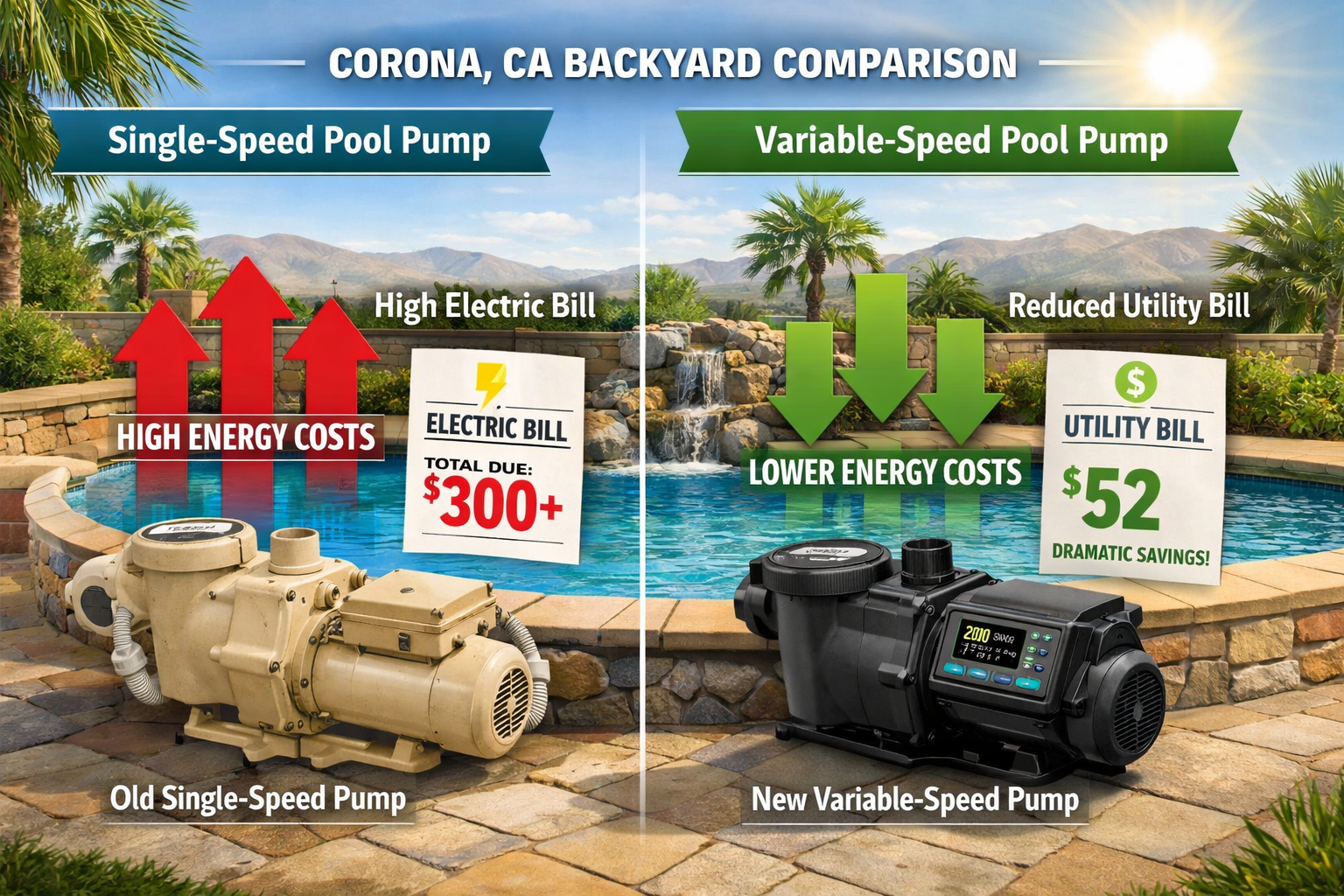 Detailed () editorial infographic showing a side-by-side comparison of a single-speed pool pump versus a variable-speed pool