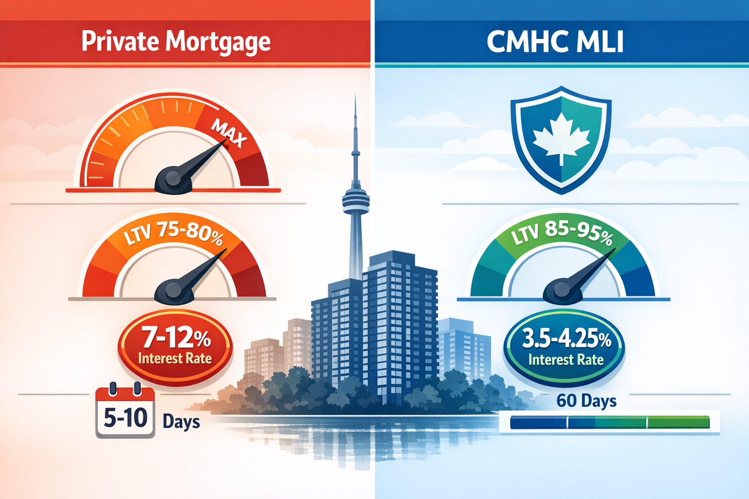 () split-screen infographic illustration showing two mortgage pathways side by side: LEFT side labeled 'Private Mortgage'