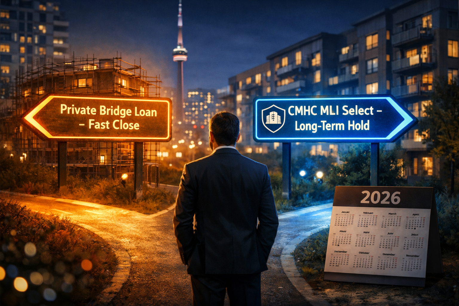 () concept illustration showing a Toronto investor at a crossroads decision point: a well-dressed professional standing