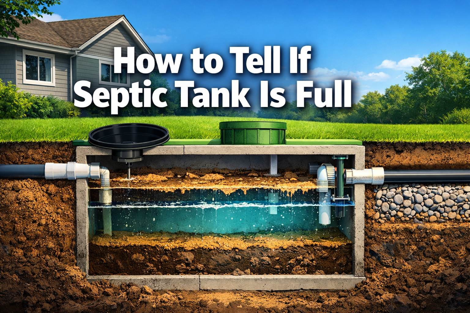 Professional landscape format (1536x1024) hero image featuring bold text overlay 'How to Tell If Septic Tank Is Full' in extra large 72pt wh