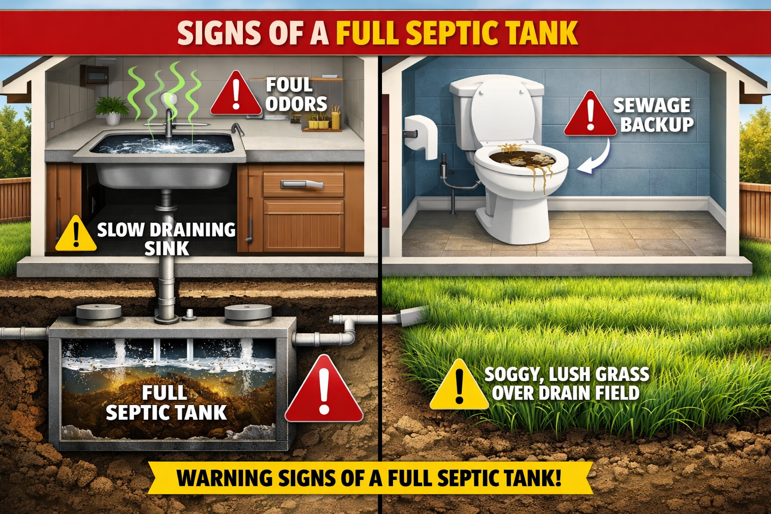 Detailed landscape format (1536x1024) image showing warning signs of full septic tank including slow draining sink with water backup, unplea