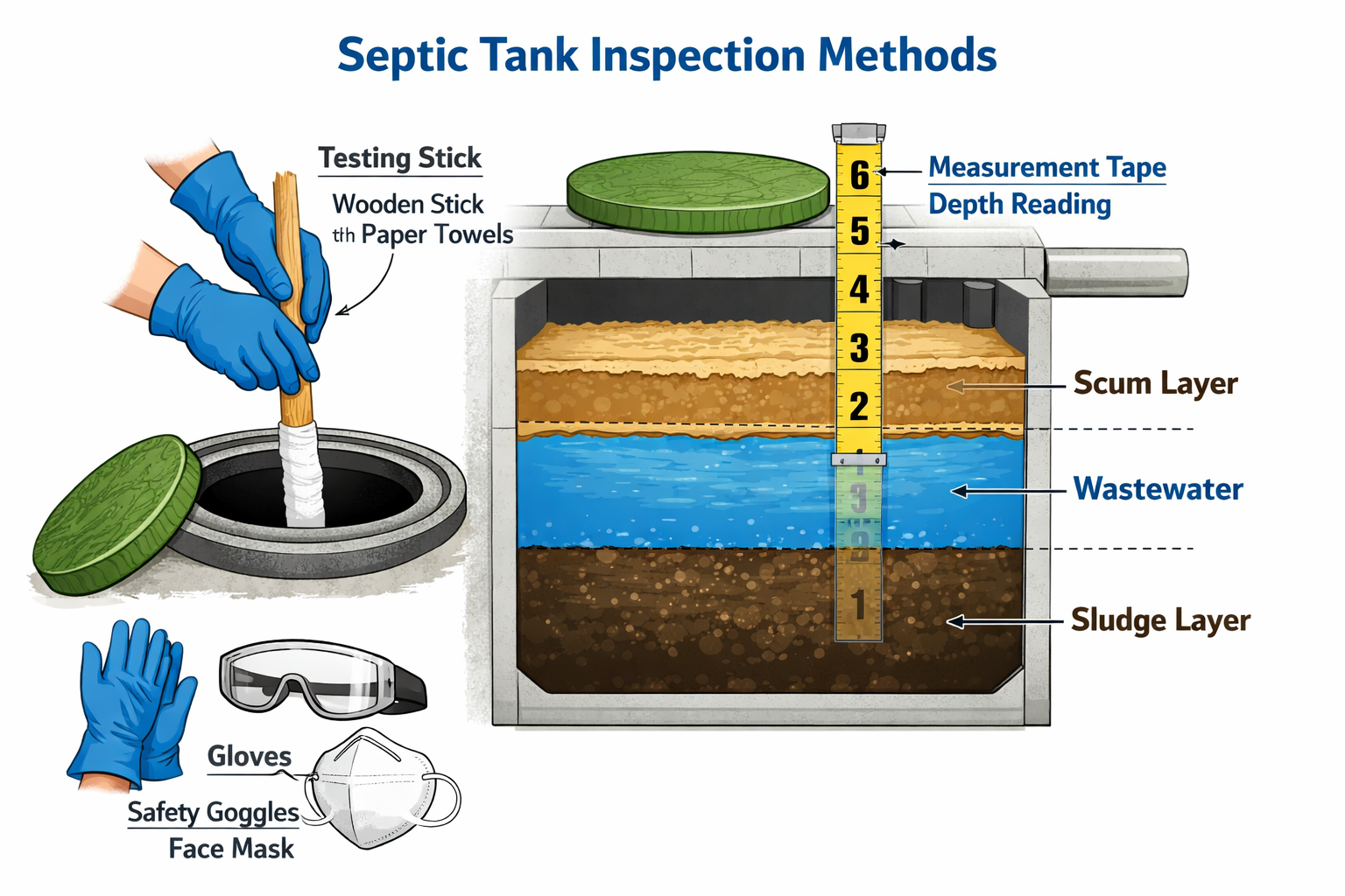 Comprehensive landscape format (1536x1024) technical illustration demonstrating DIY septic tank inspection methods including long wooden sti