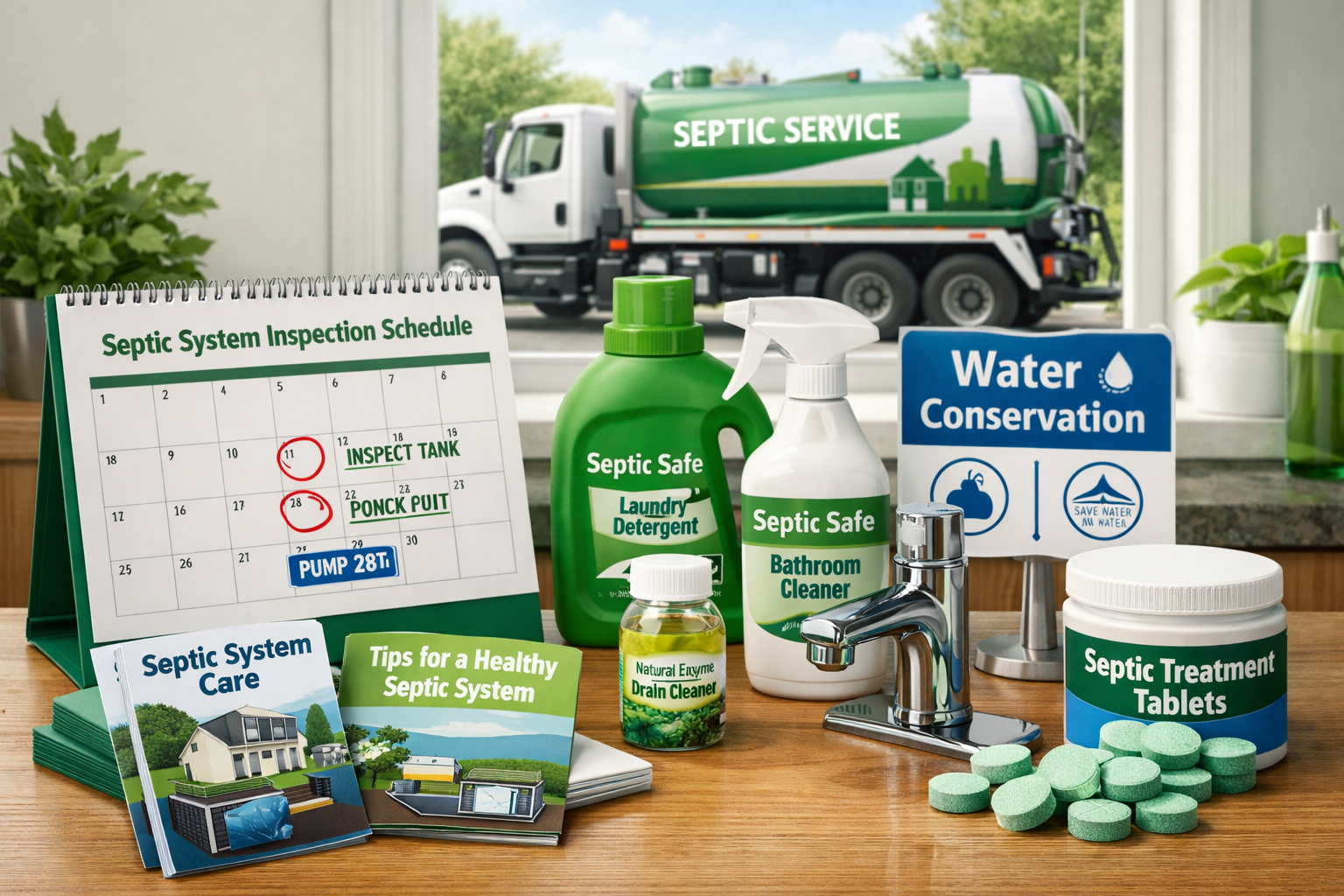 Professional landscape format (1536x1024) image showcasing septic system maintenance best practices including calendar showing inspection sc