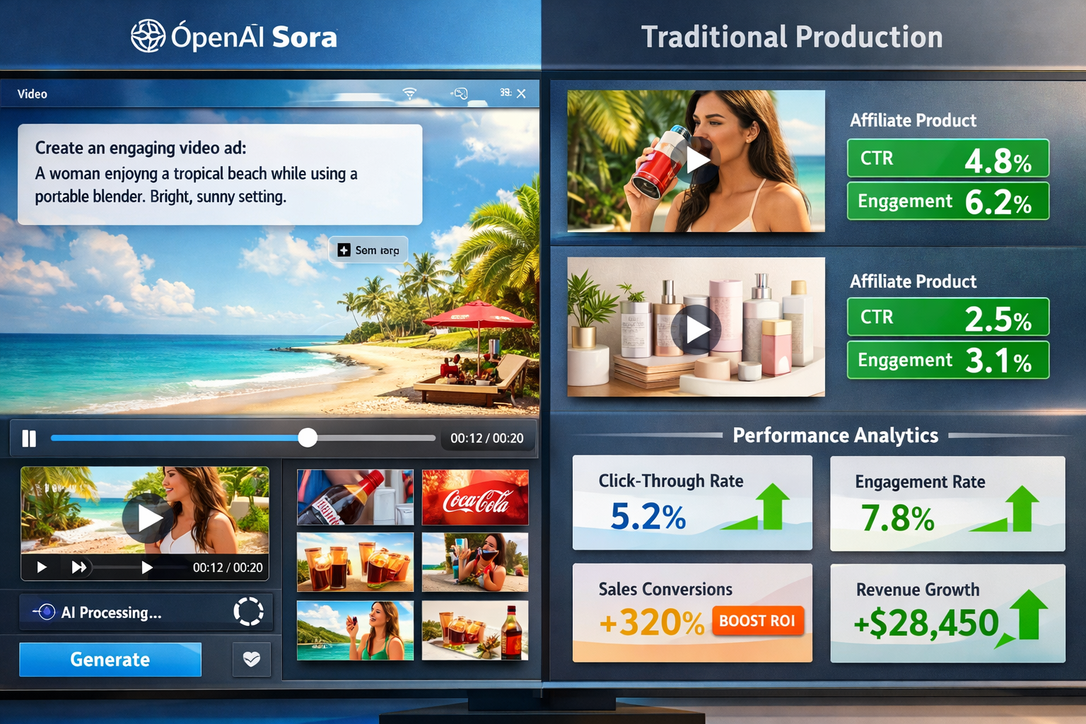 Landscape format (1536x1024) detailed illustration showing OpenAI Sora video generation interface on large monitor with split-screen compari