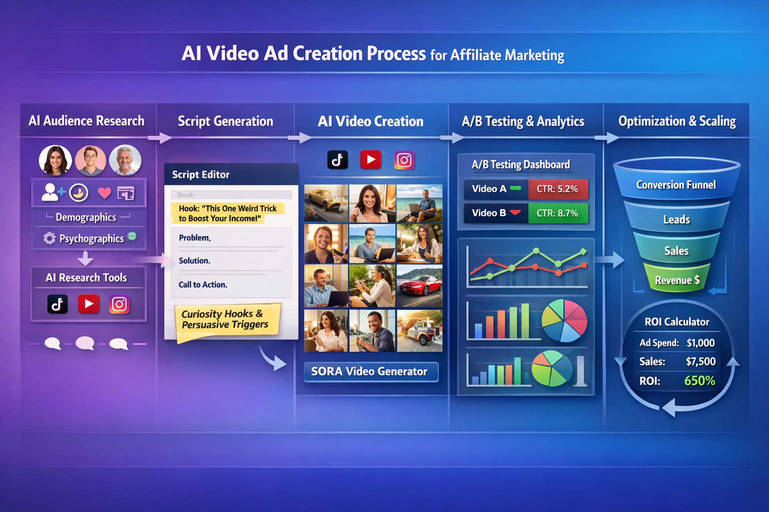 Landscape format (1536x1024) comprehensive workflow diagram showing step-by-step AI video ad creation process for affiliate marketing. Visua
