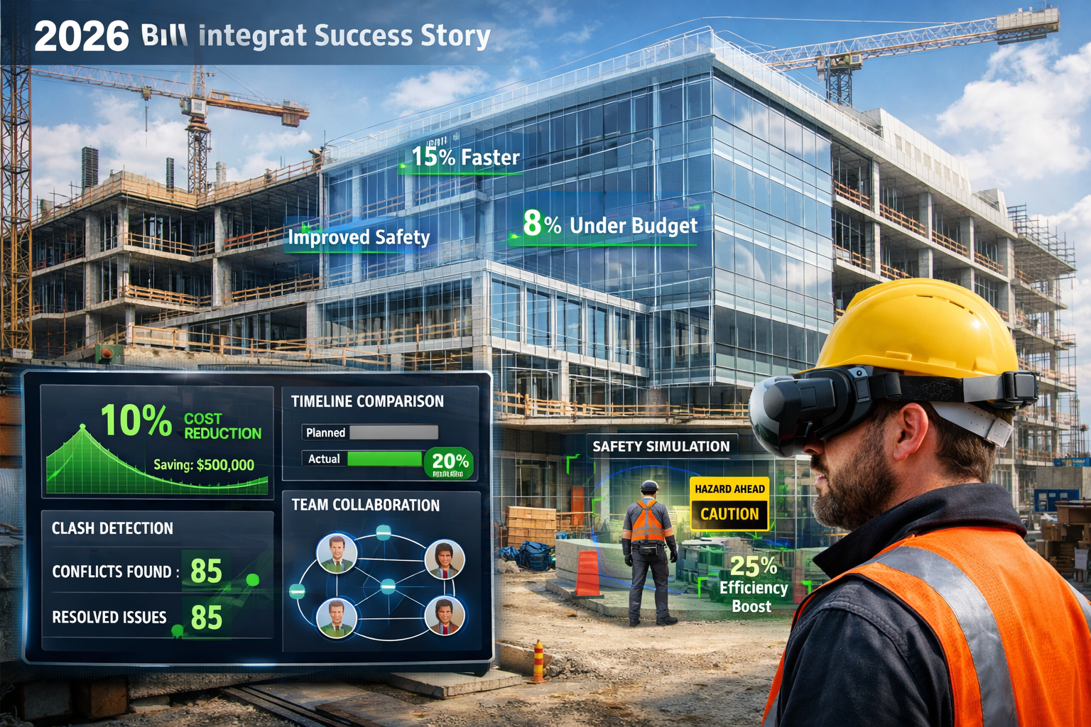 Engaging landscape format (1536x1024) image showcasing real-world 2026 construction project success story with BIM integration benefits visu