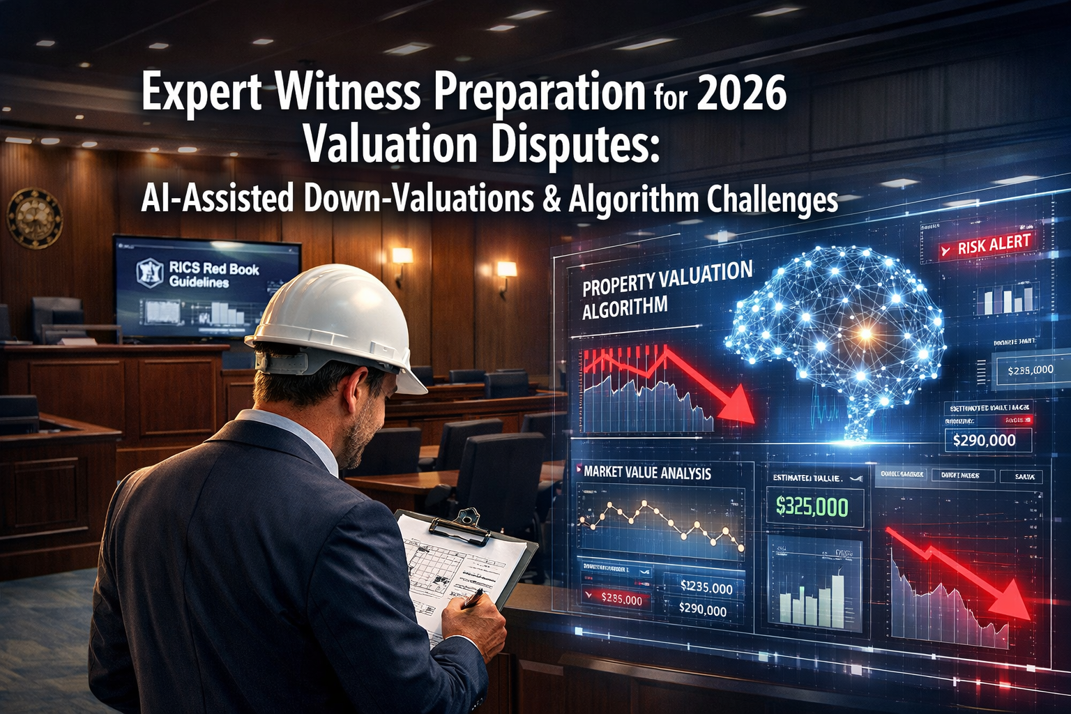 Professional () hero image featuring 'Expert Witness Preparation for 2026 Valuation Disputes: AI-Assisted Down-Valuations &