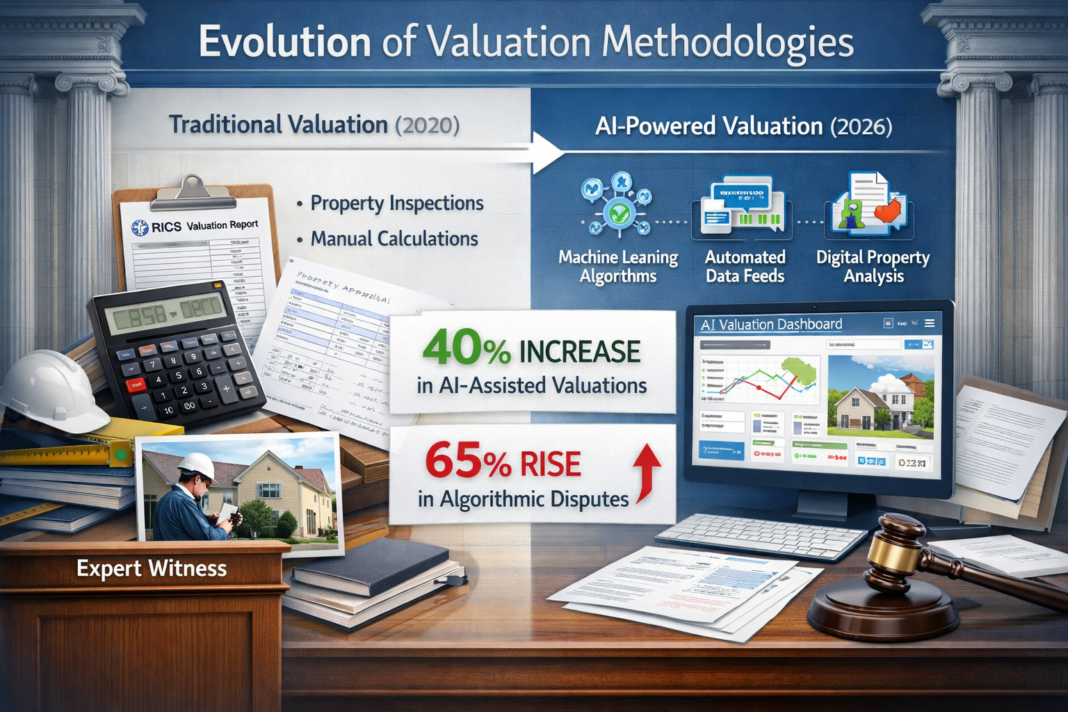 () detailed infographic showing the evolution of valuation methodologies from 2020 to 2026. Central focus on split-screen