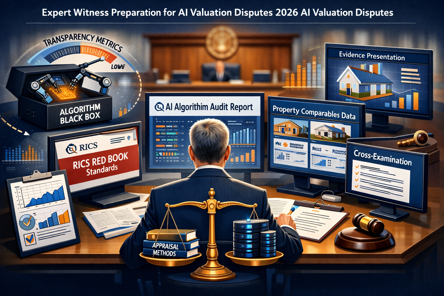 () conceptual illustration depicting expert witness testimony preparation process for 2026 AI valuation disputes. Center