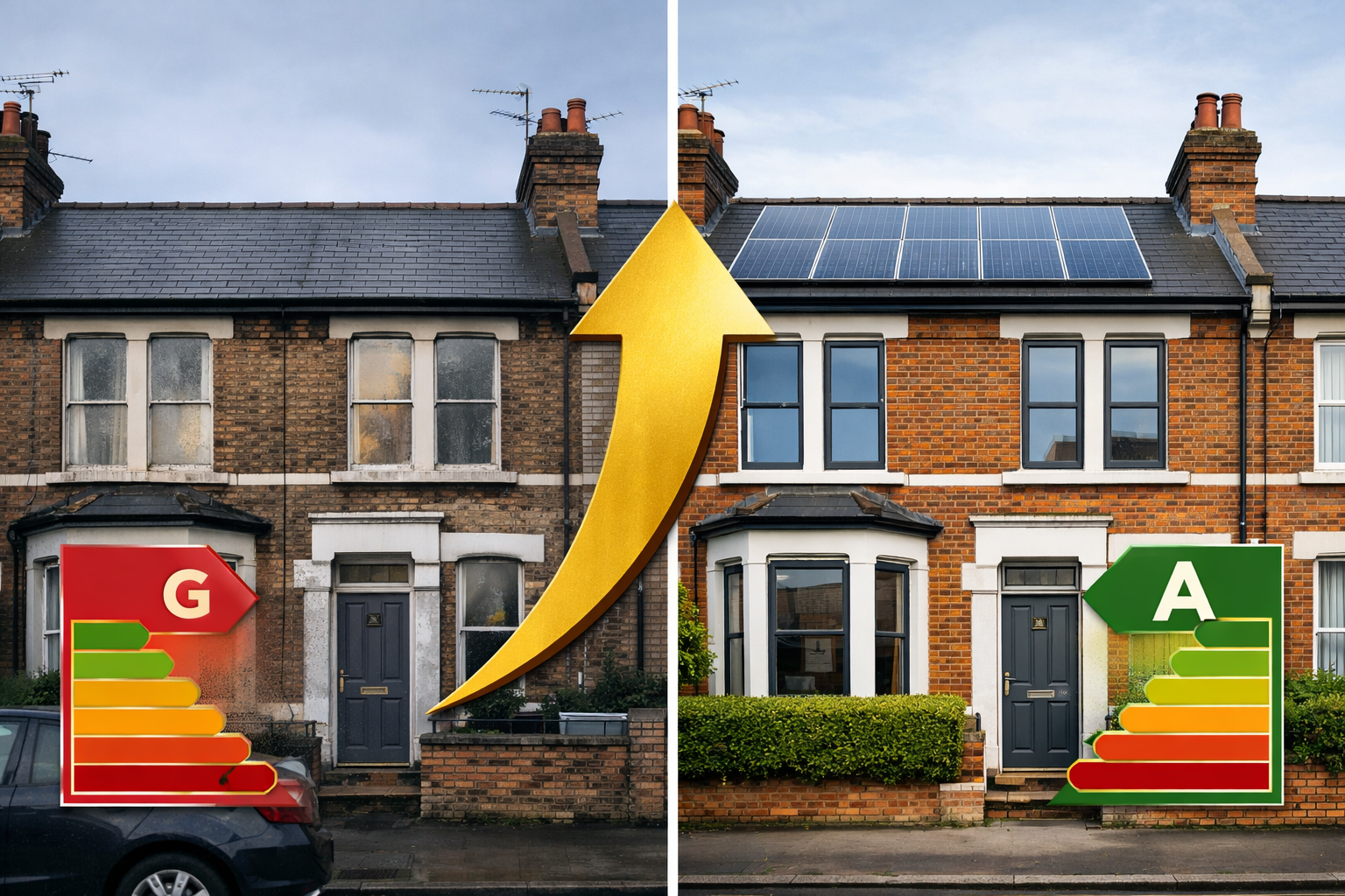 Split-screen landscape image: left side shows a poorly insulated Victorian terraced house with condensation on windows and a