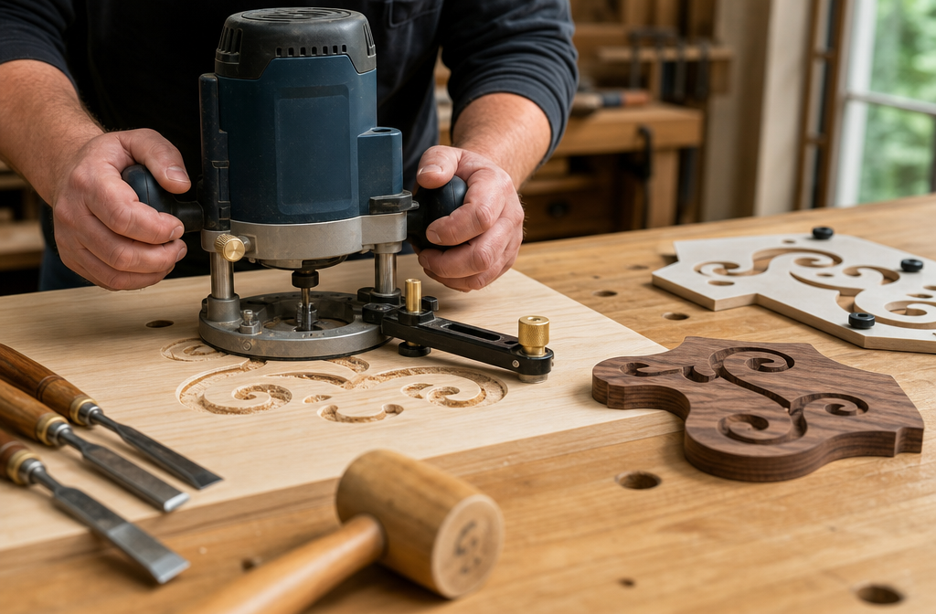 () image showcasing a router with an inlay kit attachment precisely cutting a delicate recess into a light wood panel, with