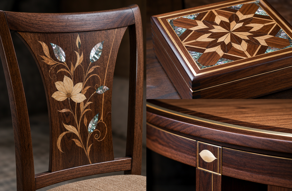 () image depicting various finished wood inlay patterns on different furniture components – a geometric pattern on a small