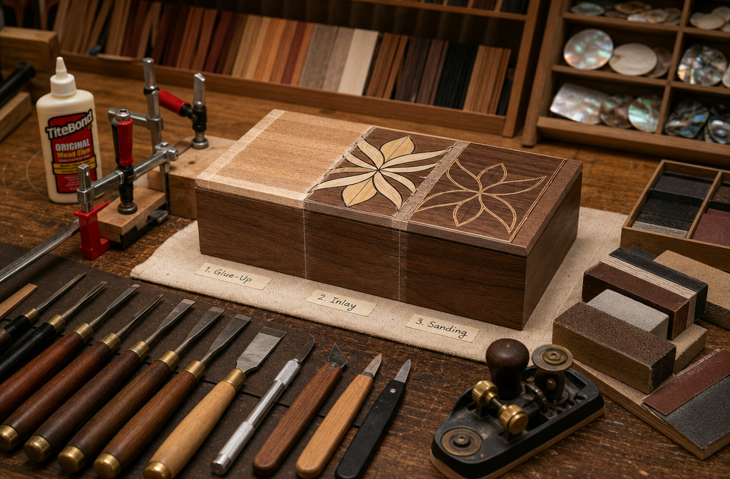 () image illustrating a workbench organized with a selection of specialized inlay tools: fine-point chisels, inlay knives, a