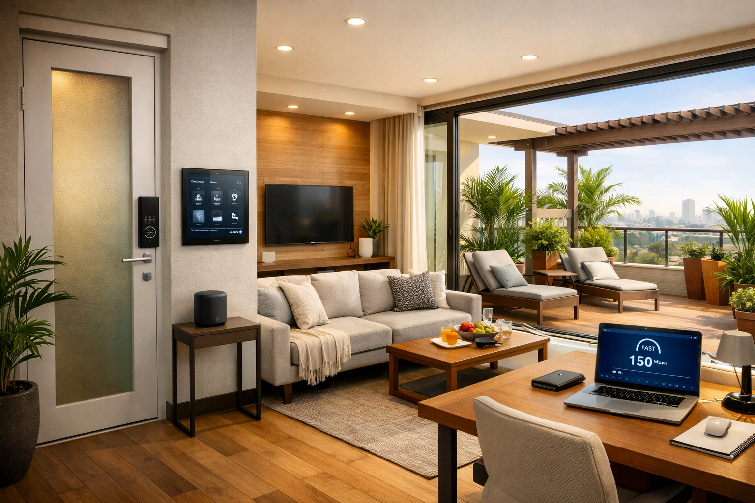 A detailed () image showcasing a luxurious, fully private Airbnb floor with a private entry, a spacious terrace adorned with