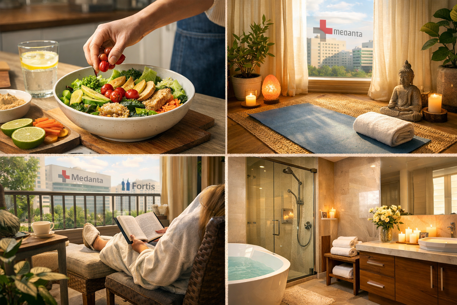 A visually engaging () image depicting various wellness amenities available in an Airbnb, specifically focusing on