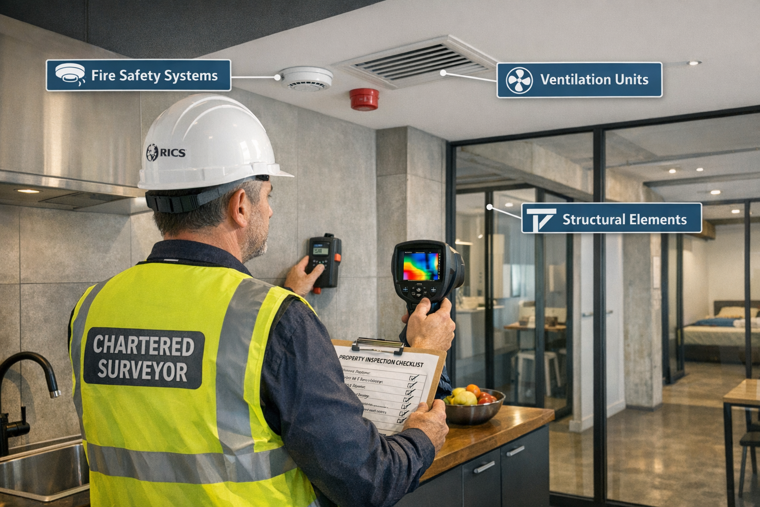 Detailed () image showing RICS chartered surveyor conducting comprehensive building inspection inside modern co-living