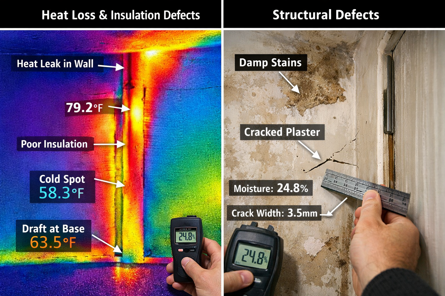 () split-screen comparison image showing defect identification in co-living spaces, left side displays thermal imaging scan