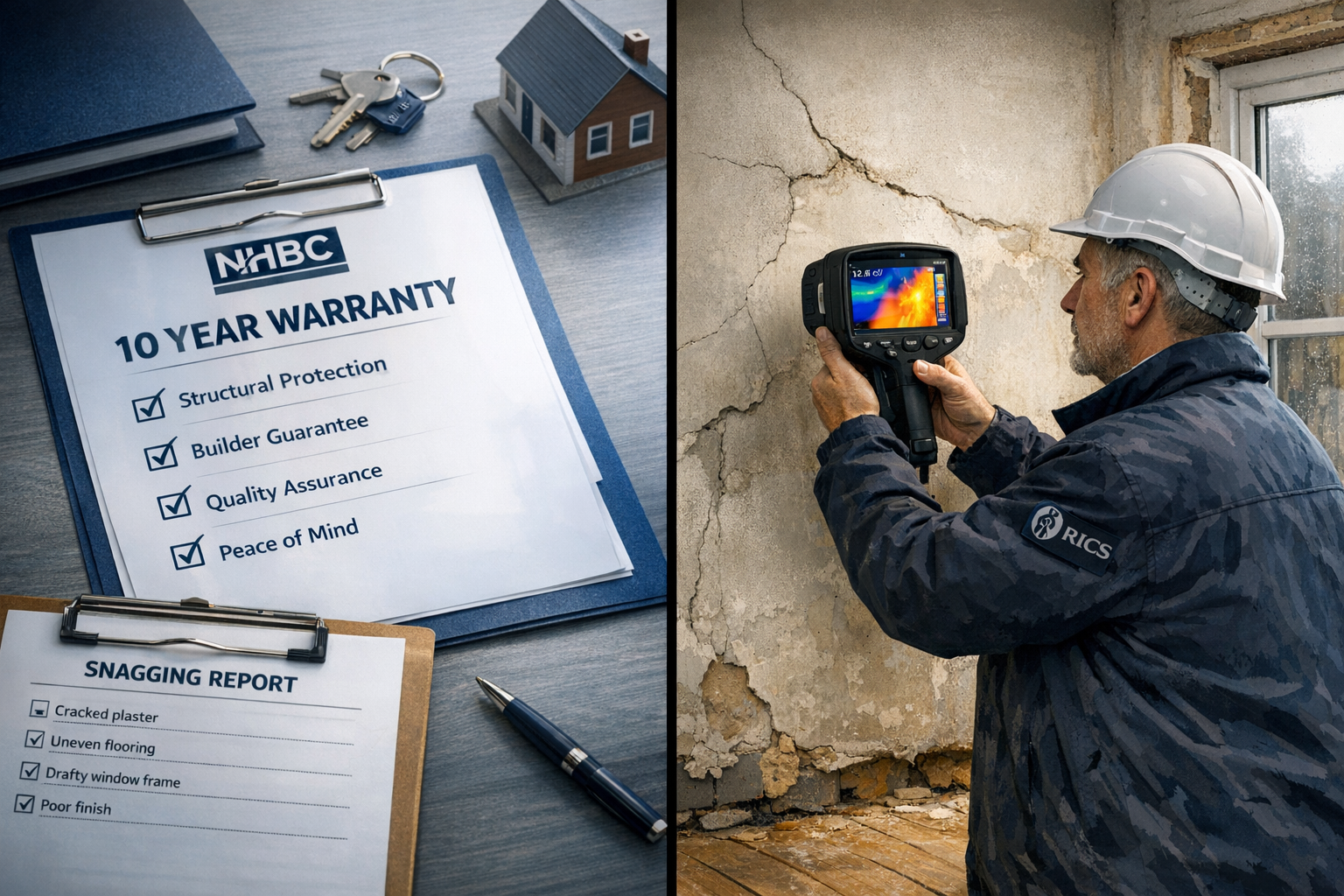 () detailed image showing split-screen comparison: left side displays glossy developer warranty document with NHBC logo and