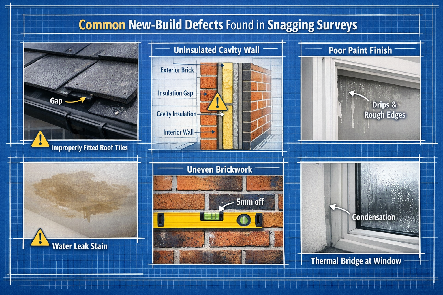 () comprehensive infographic-style image showing common new-build defects discovered during professional snagging surveys.