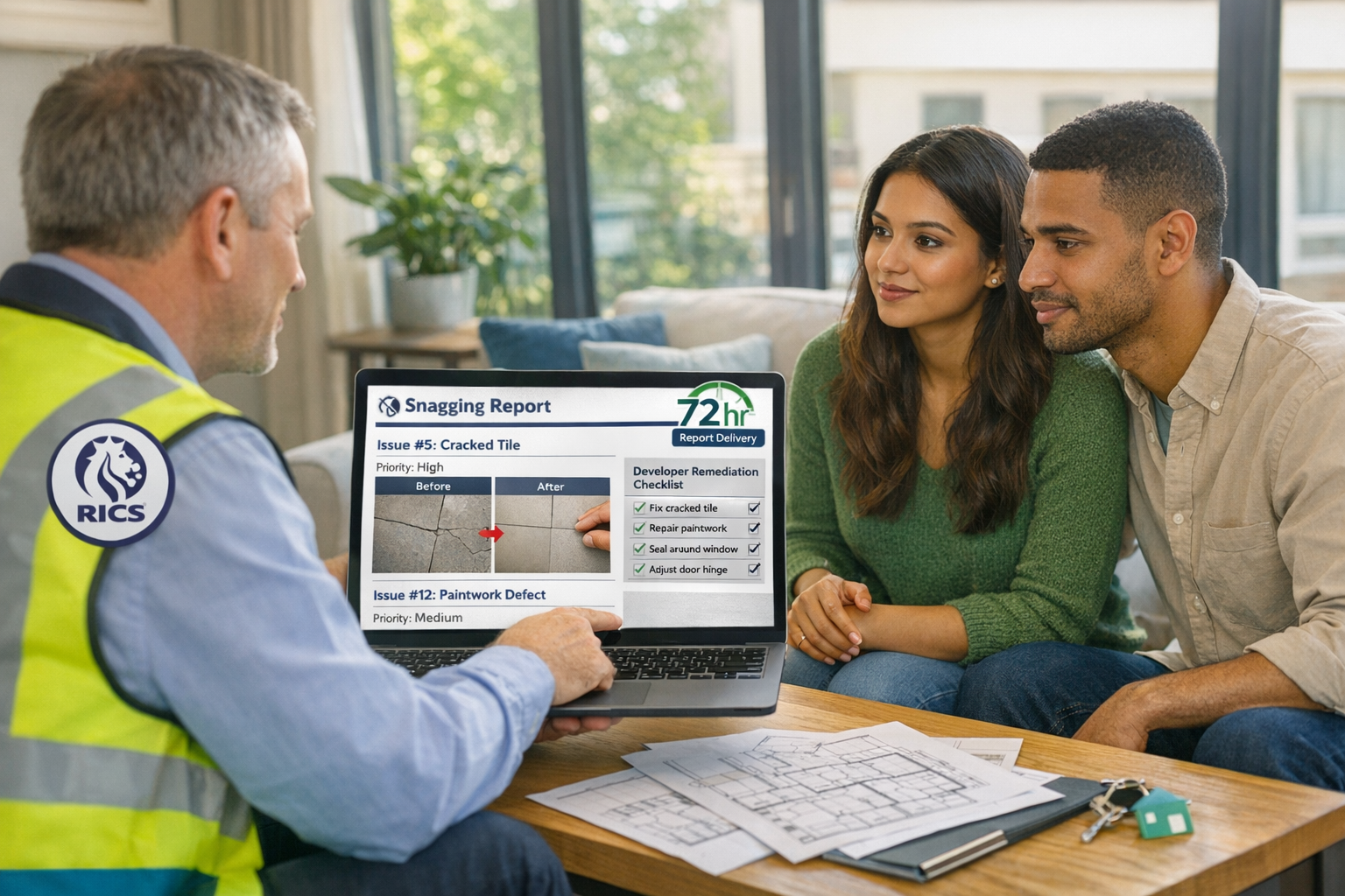 () professional scene showing surveyor presenting detailed photographic snagging report to young couple (homebuyers) in